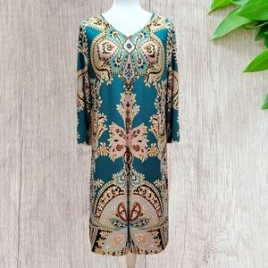 Chico's Fleur-Print Tapestry Teal Paisley Dress.